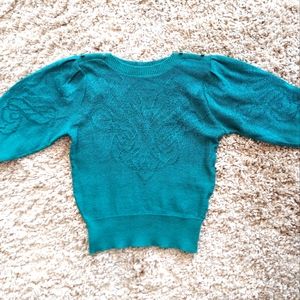 Teal green puff sleeve sweater with shoulder button accents. Small/XS